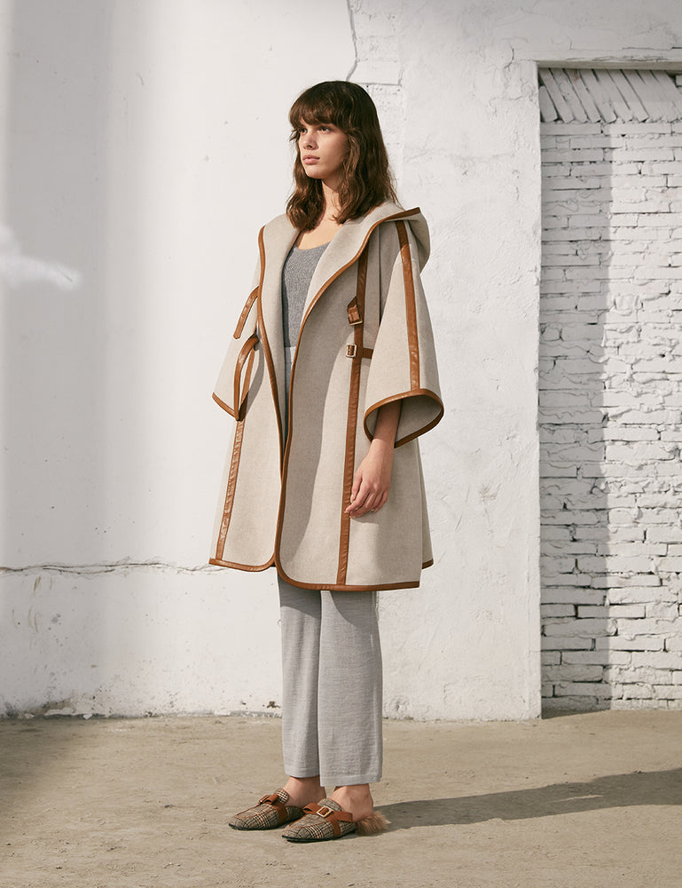 Brown Leather Trim White Wool Coat