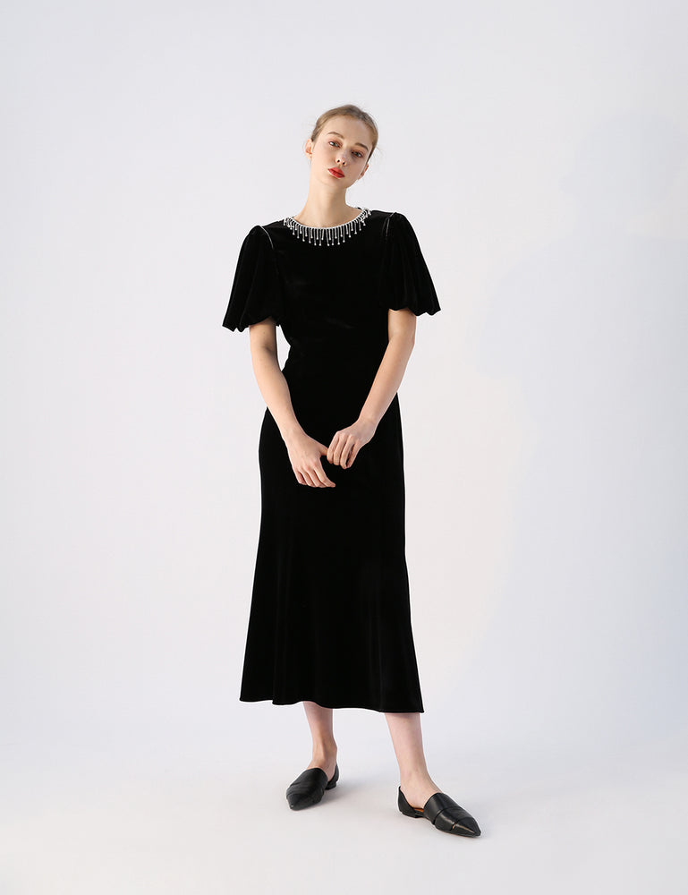 Diamond Chain Long Puff Sleeve Dress