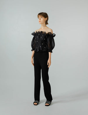 Hand-Beaded Organza Strapless Blouse