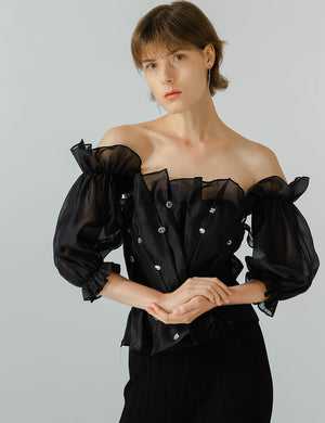 Hand-Beaded Organza Strapless Blouse