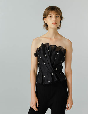 Hand-Beaded Organza Strapless Blouse