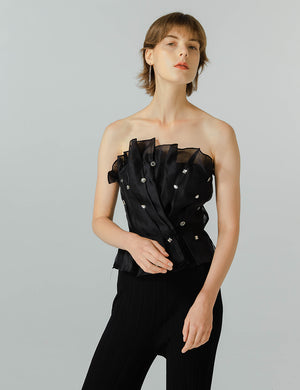 Hand-Beaded Organza Strapless Blouse