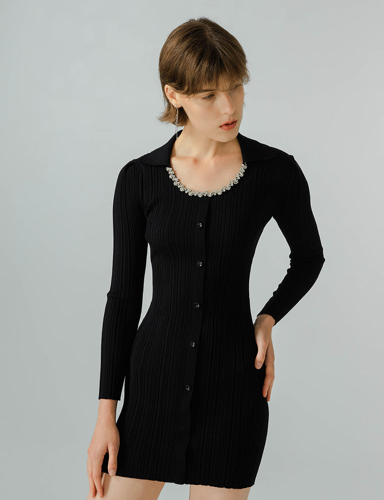 Polo Collar Long Sleeve Knit Dress