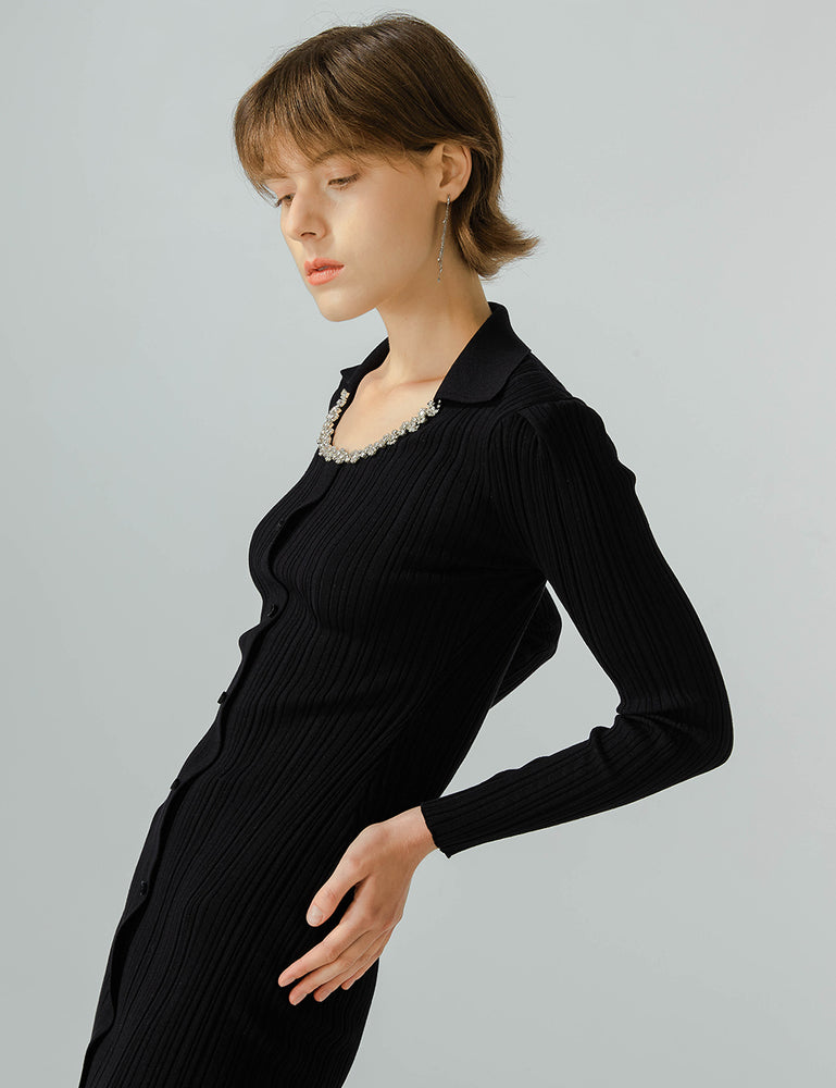 Polo Collar Long Sleeve Knit Dress